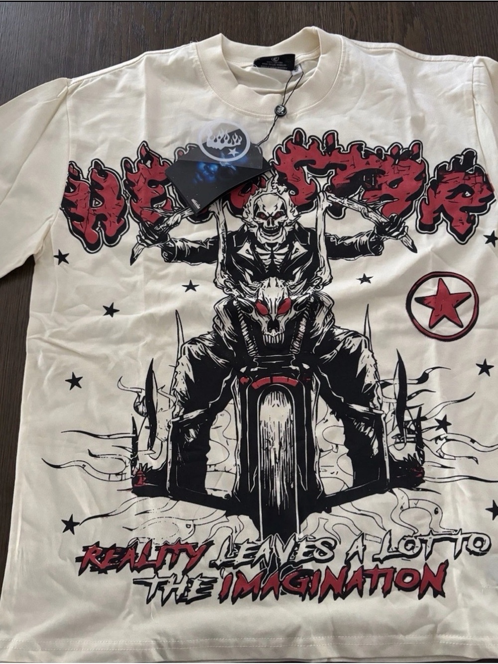Hellstar Biker Skull Tee - White with Red & Black Print